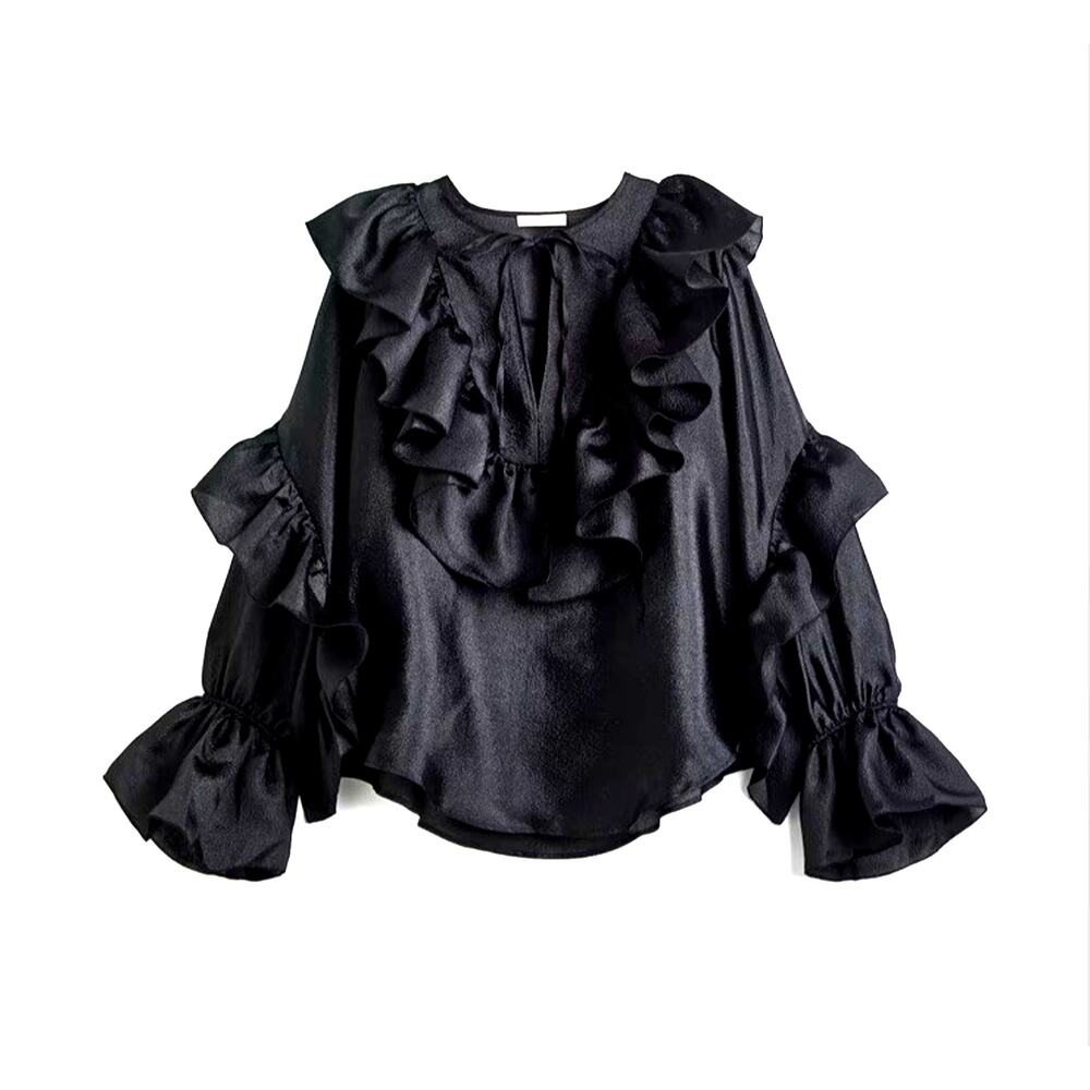 H and M Blouse‎ Womens XSmall Black Flounced Long Sleeve Neck Tie Pullover
